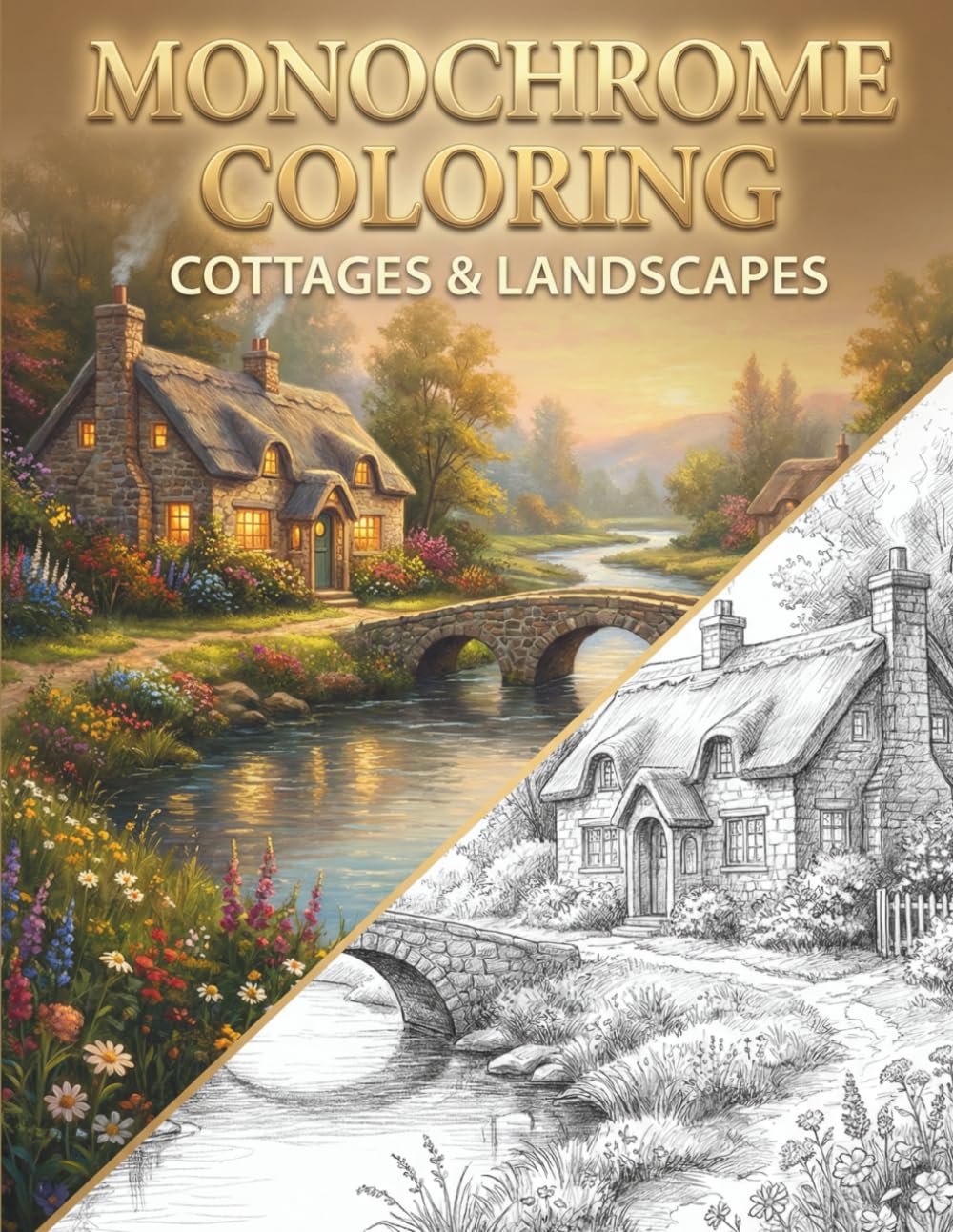 MONOCHROME COLORING: Cottages & Landscapes: An Adult Grayscale Coloring Book Featuring Rustic Cabins, Peaceful Nature Scenery, and Countryside Gardens for Relaxation and Stress Relief