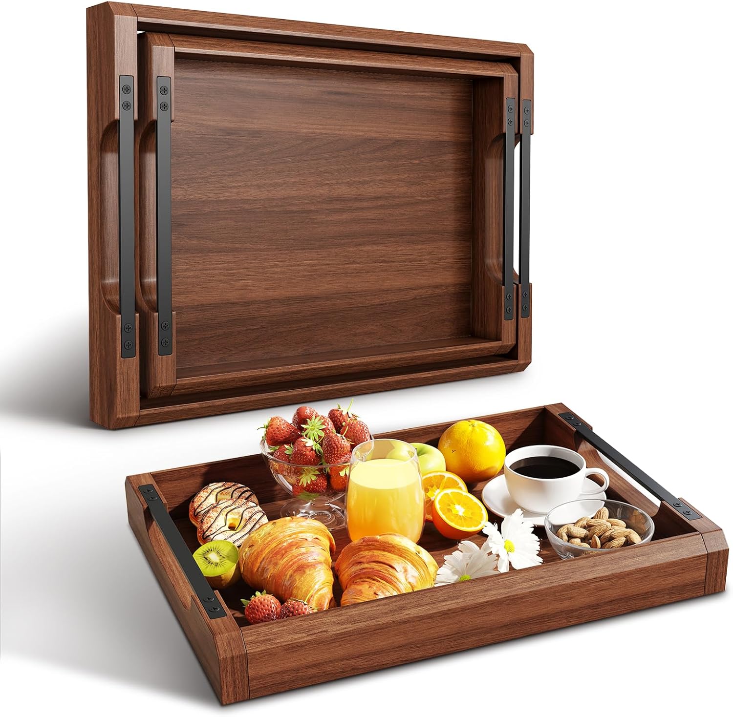 Set of 2 Acacia Wooden Ottoman Tray for Living Room, Wood Serving Tray with Handles, Decorative Coffee Table Trays for Ottoman, Large Serving Platter for Dinner, Breakfast in Bed, Kitchen Counter Top