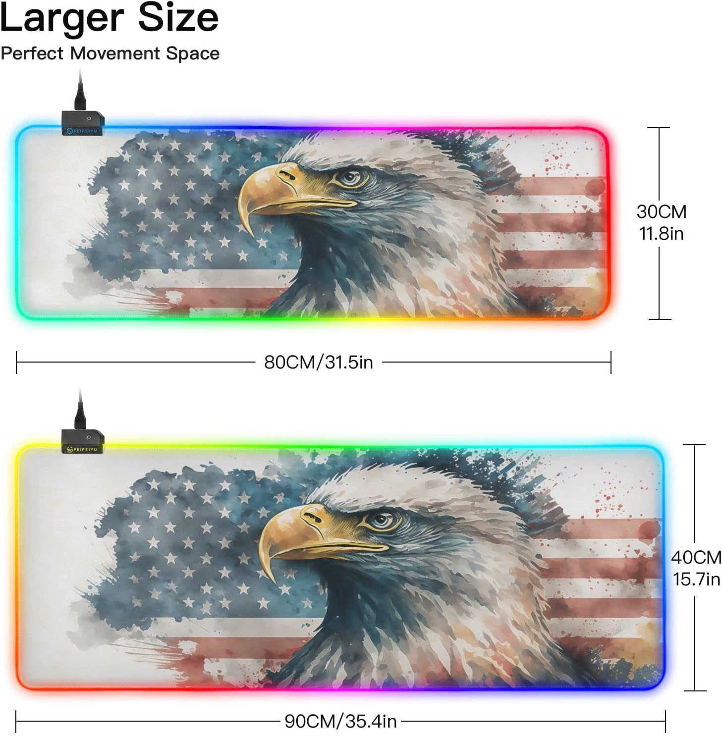 Gaming Mouse Pad (Eagle USA Map), RGB Light Large Fabric Soft Desk Mat with Multiple Light Modes Anti Slip Rubber Base 2 Size