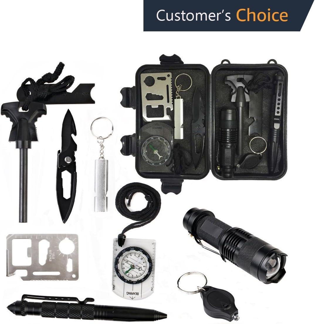 SPNRO Survival Gear Kit, Professional 10 in 1 Wild Emergency Survival EDC Kits with Fire Starter Whistle Pocket Knife Flashlight Tactical Pen etc for Outdoor Traveling Hiking Hunting Field Camping
