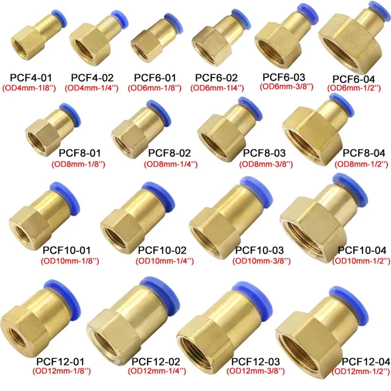 Connettore pneumatico PCF 4 6 8 10 12 mm Tubo flessibile 1/8" 3/8" 1/2" 1/4" Raccordo rapido for tubo in ottone filettato 50 pezzi(PCF10-04)