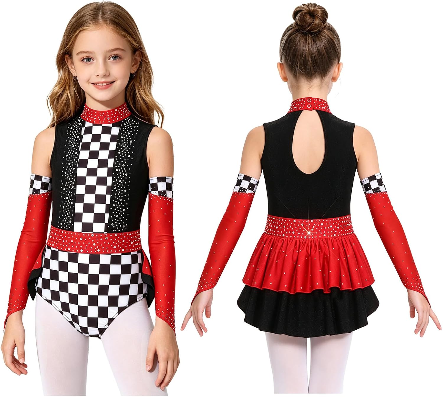 Kids Racer Uniform Stage Performance Sparkly Dance Leotard Plaid Printed Rhinestone Bodysuit