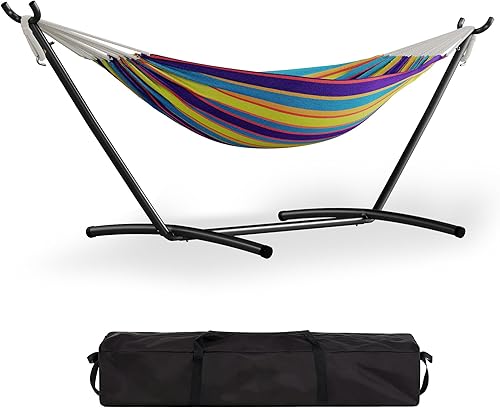 GarveeLife Hamaca doble para 2 personas, hamaca de pie para interiores y exteriores con soporte de acero que ahorra espacio, bolsa de transporte,