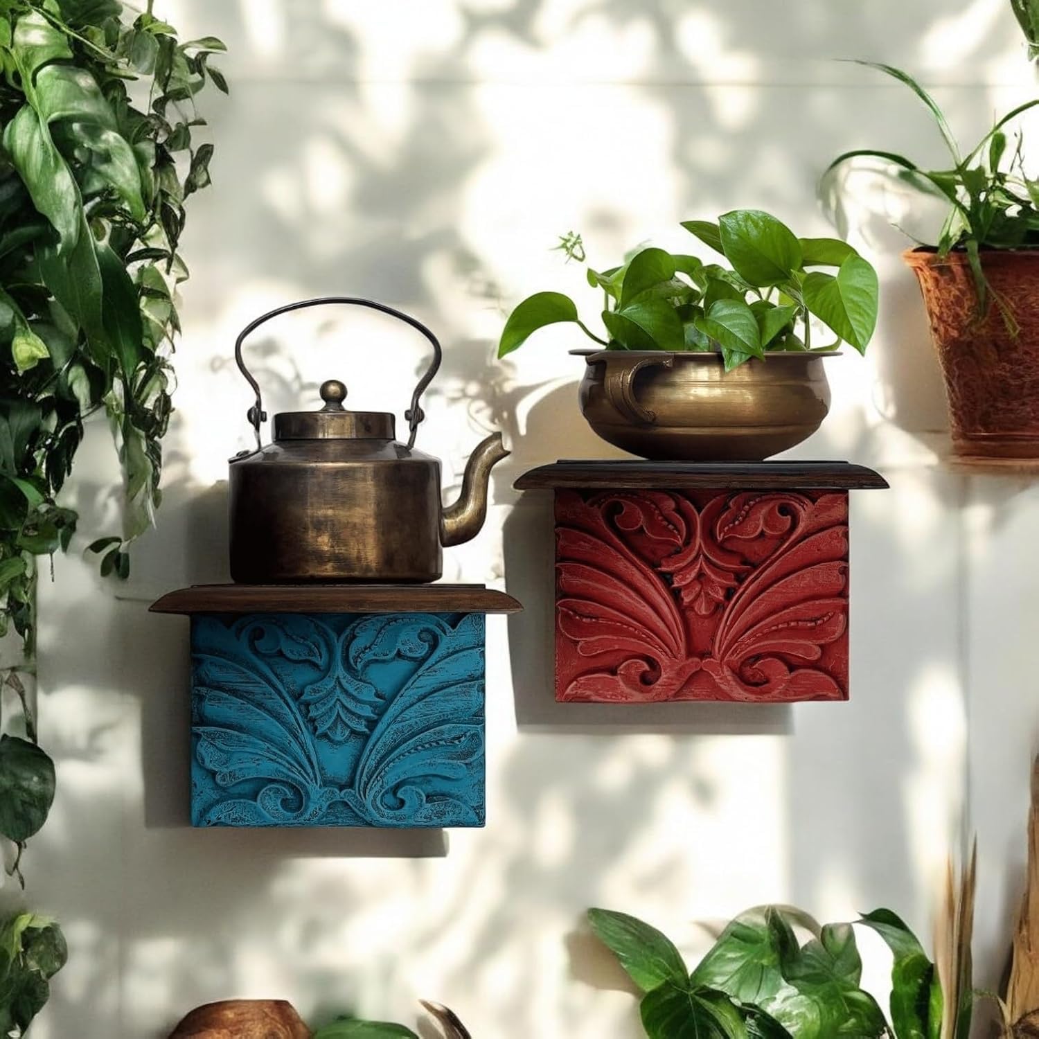 Vintage Carved Mango Wood Wall Shelf, Decorative Floral Pattern, Red and Blue, 25x15x20 Cms-image-38