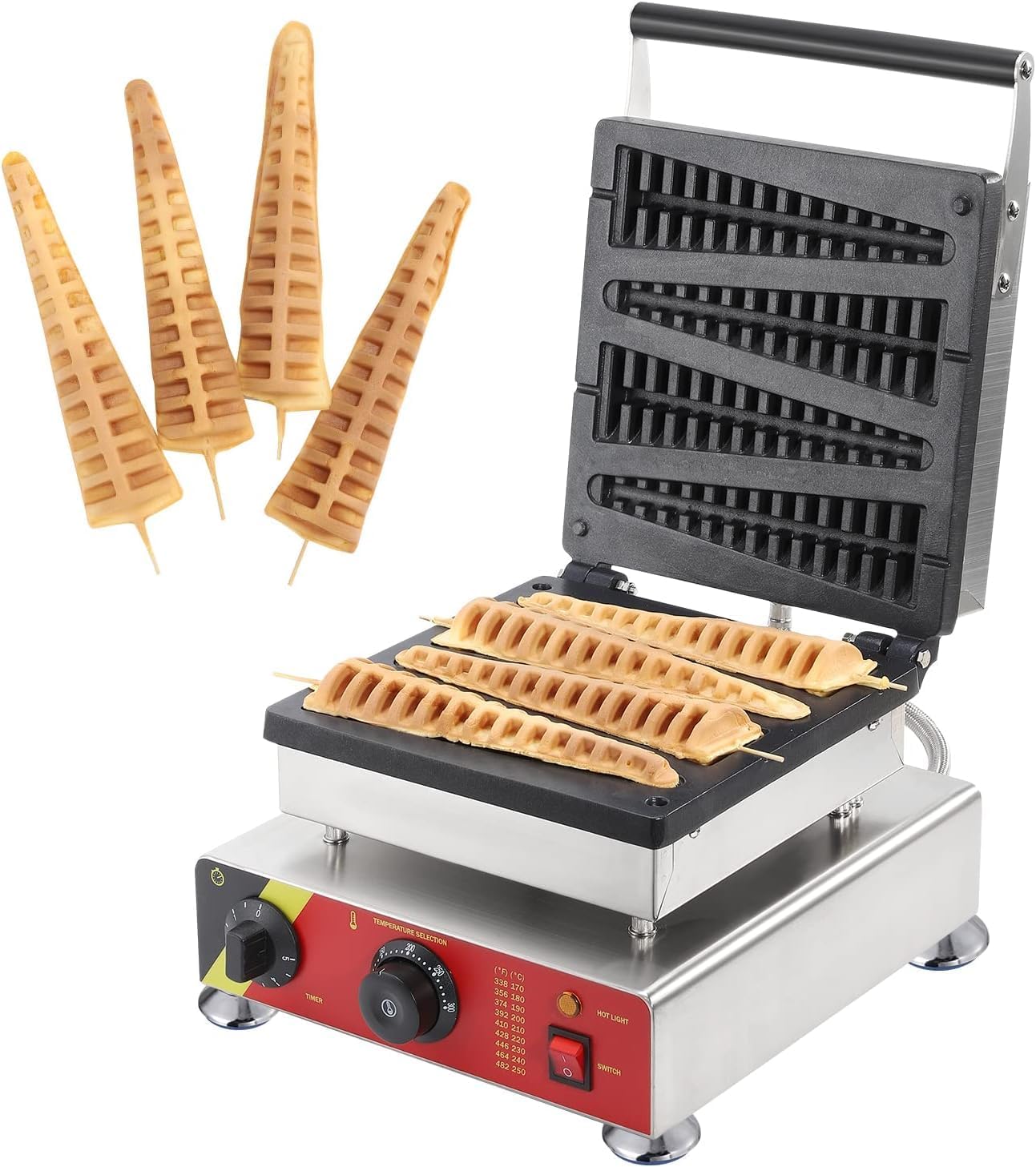 CGOLDENWALL Commercial Waffle Iron Machine, Non-Stick Pine Tree Shape Waffle Maker 4Pcs with Temperature and Time Control for Home, Bakery