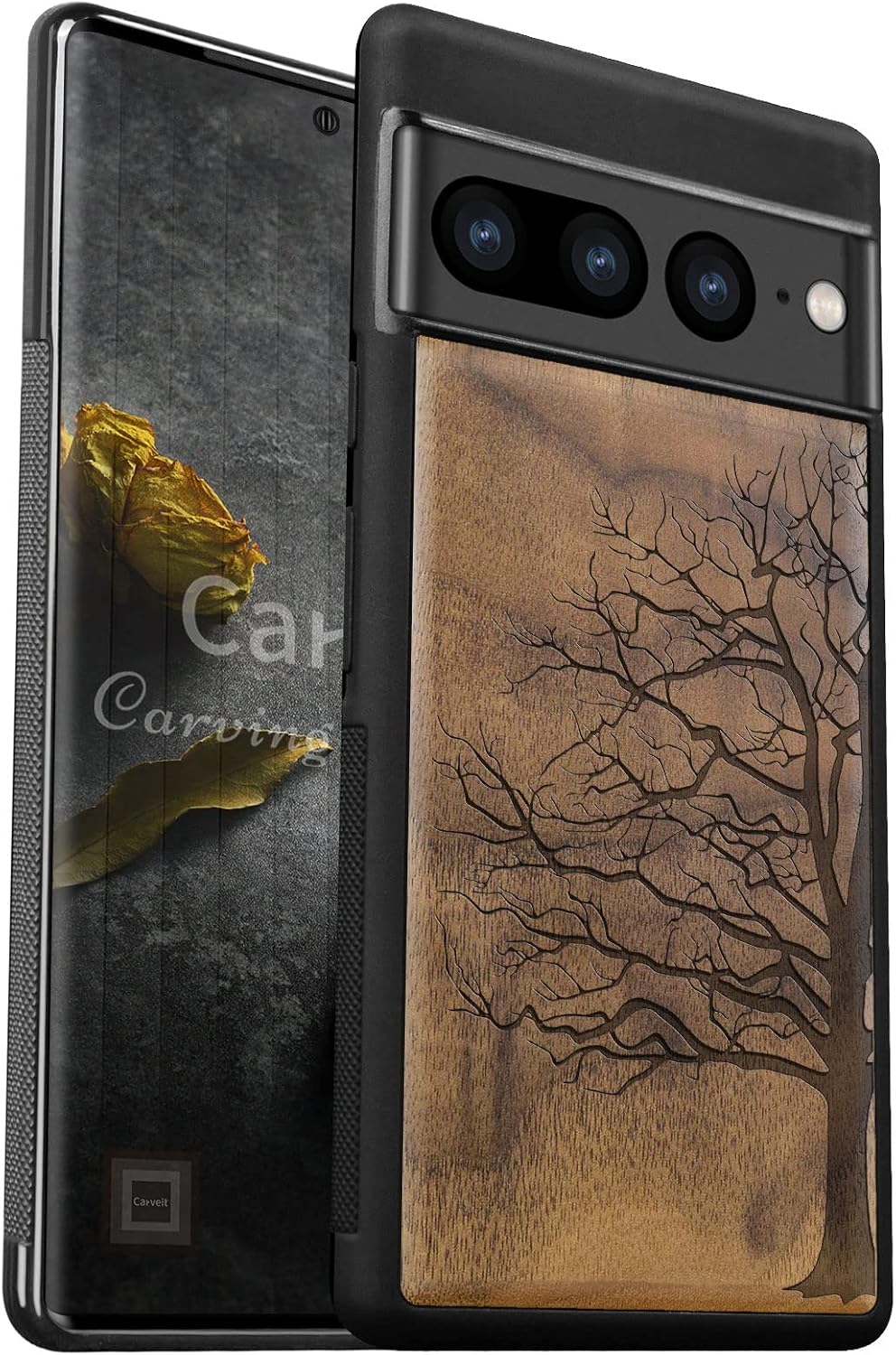 Carveit Wood Case for Pixel 7 Case [Natural Wood & Black Soft TPU] Shockproof Protective Unique & Classy Wooden Cover Compatible with Google Pixel 7 (Eternal Tree-Rosy)