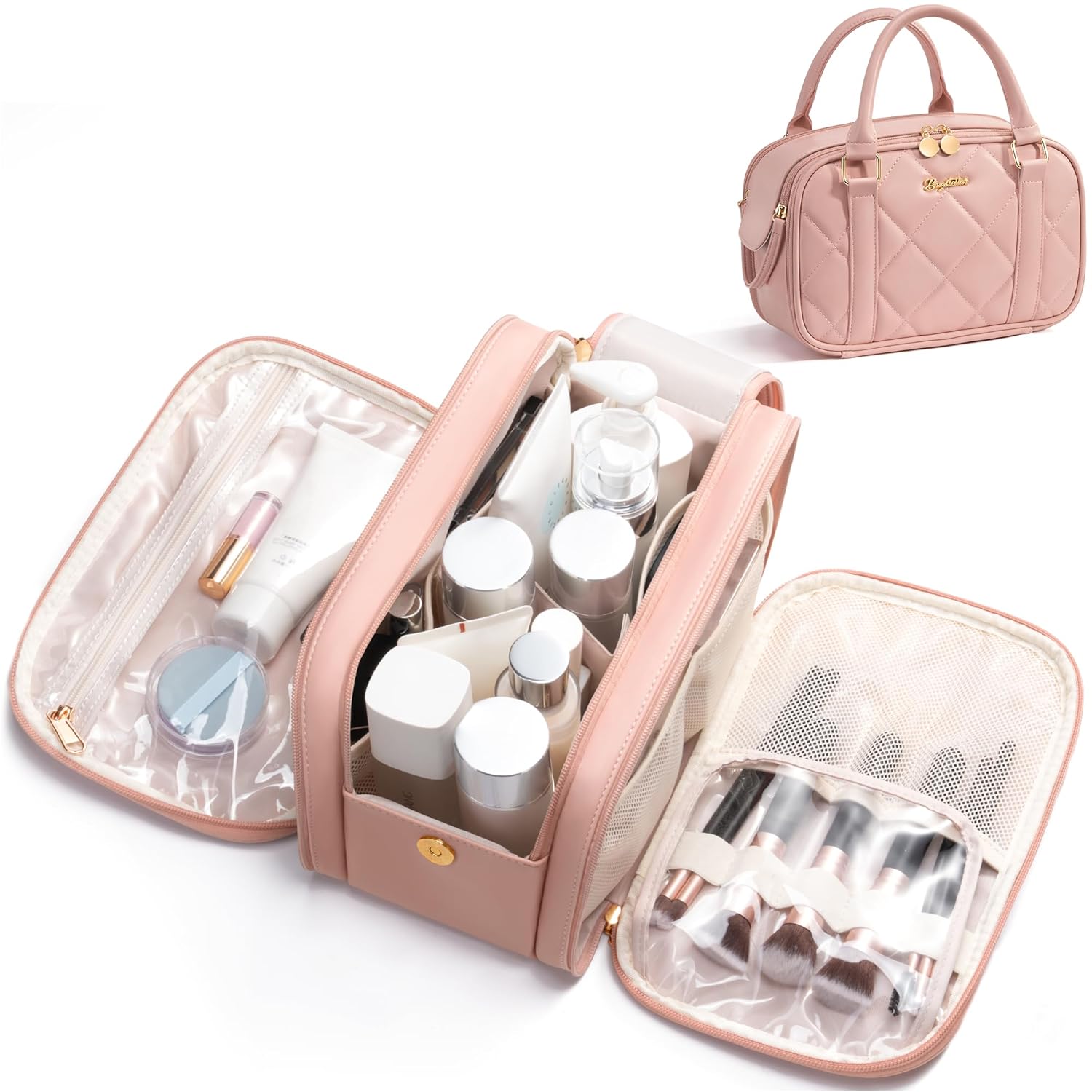 Travel Makeup Bag Large Capacity Quilted Toiletry Bag for Women Stand-up Cosmetic Bag Open Flat Make Up Case
