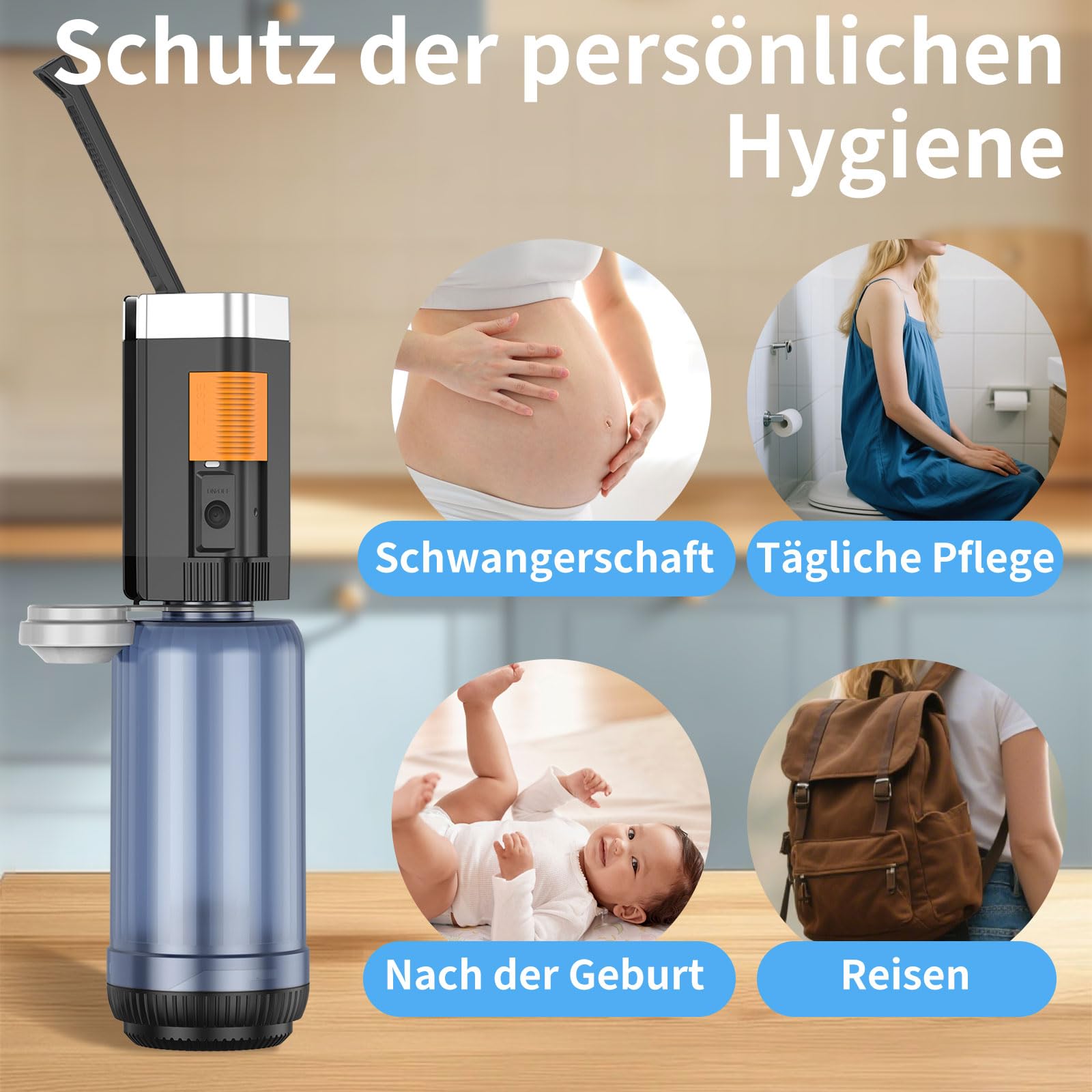 Tragbar Po Dusche 400 ml Elektrisches Bidet-Reise-Bidet, 2 Druckmodi Podusche für Frauen und Männer - Wiederaufladbare Intimdusche für Wochenbett, Perioden, Geburt und Reisen