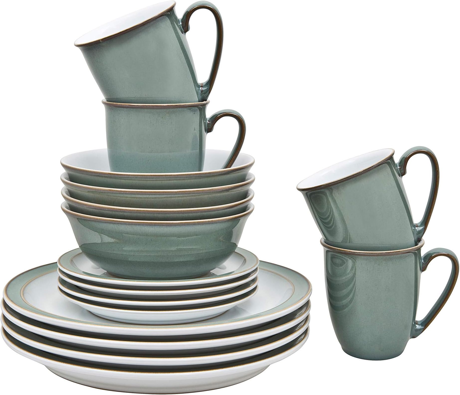 Denby - Regency Green Dinner Set For 4-16 Piece Ceramic Green, White Tableware Set - Dishwasher Microwave Safe Crockery Set - 4 x Dinner Plates, 4 x Small Plates, 4 x Cereal Bowls, 4 x Mugs
