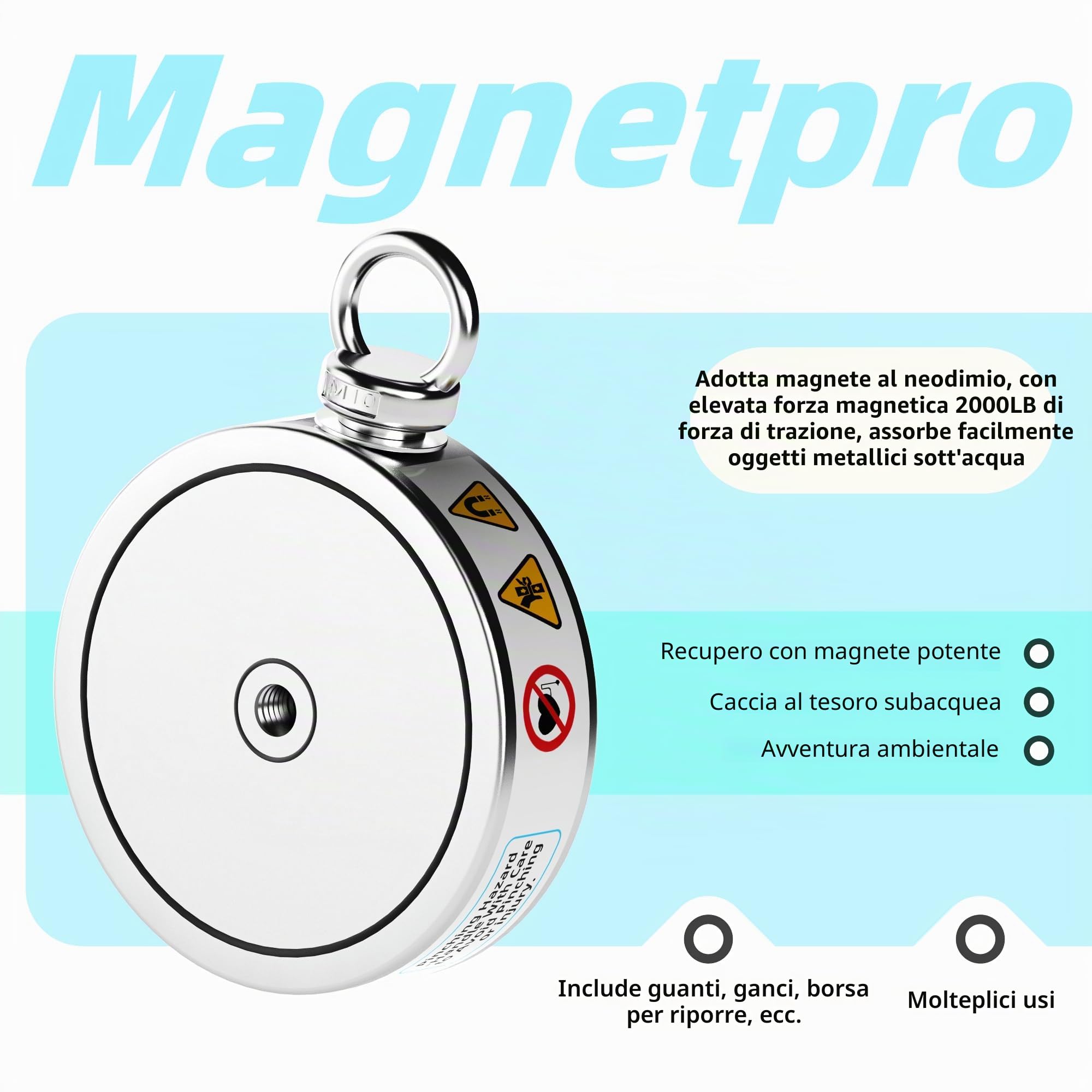 Magnetpro Set completo di magneti di recupero da 900 kg, magnete da pesca double face, contiene un forte magnete al neodimio, corda resistente da 20 metri, moschettone, guanti, gancio e una borsa per