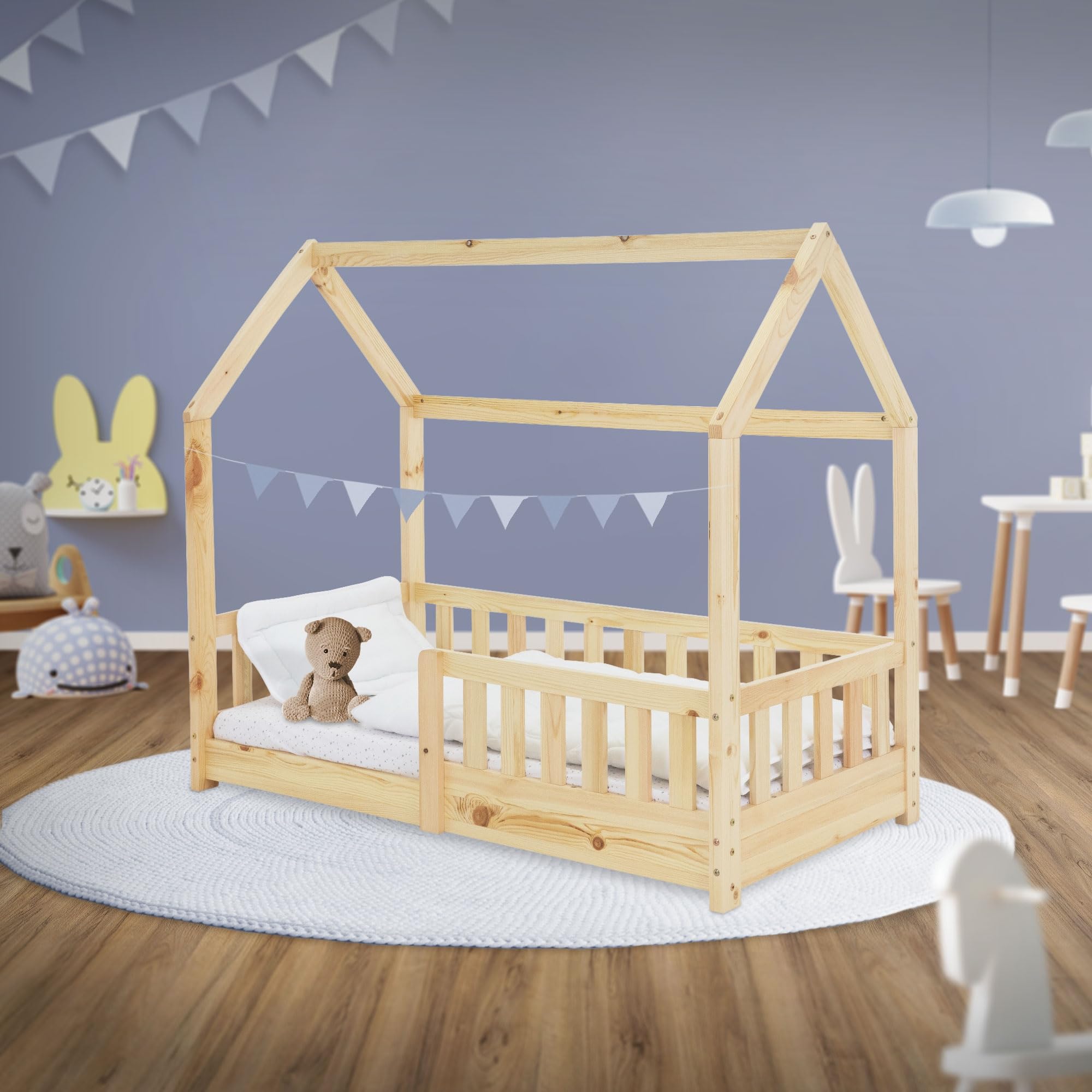 ML-Design Lit Cabane Enfant 70x140 cm Naturel en Bois Massif avec Protection Contre la Chute, Toit et Sommier à Lattes, Style Maison, Couchage Maisonnette Barrière de Sécurité pour Fille Garçon