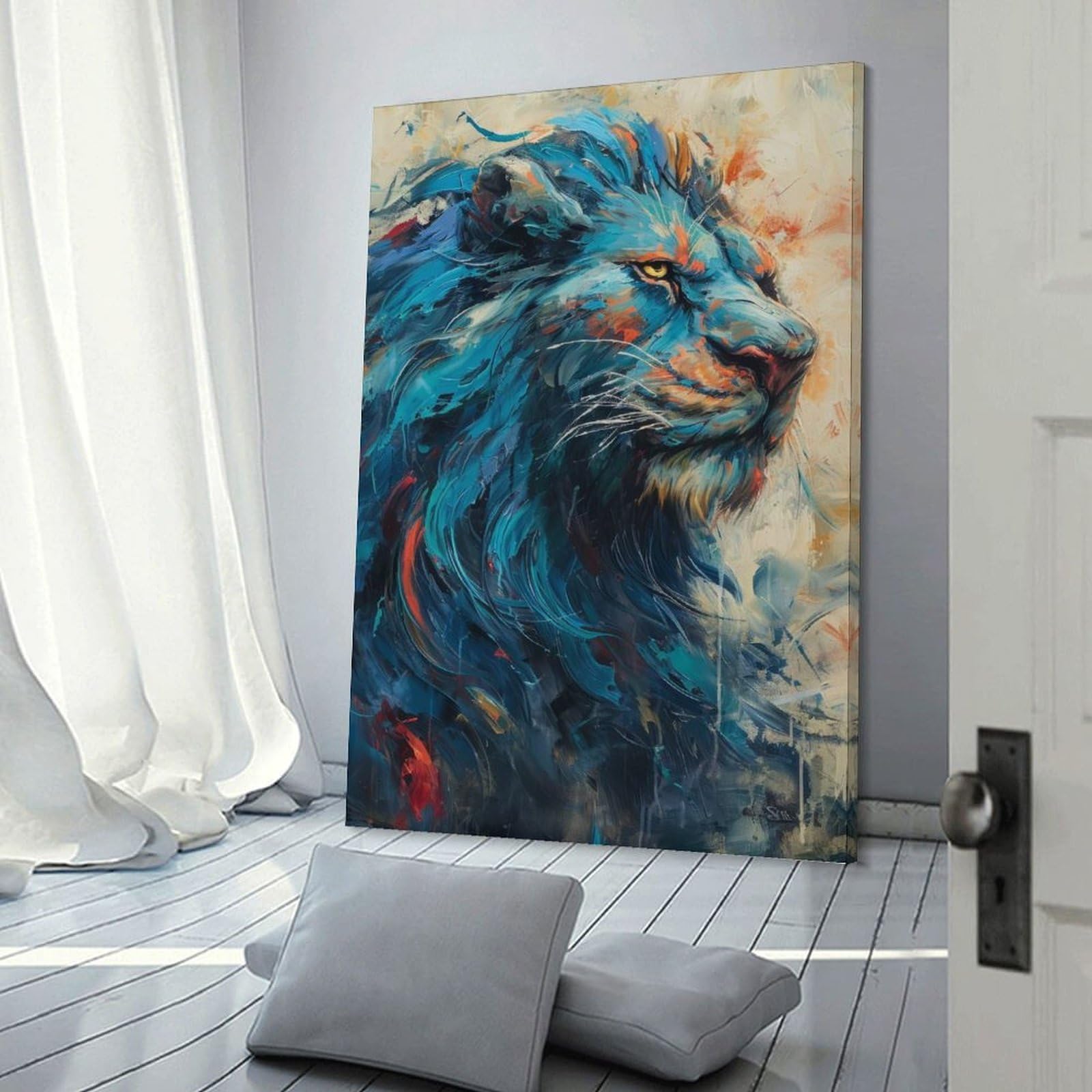 Junmoney Frame-Style-10 Blue Lion Abstract Painting Canvas Wall Decor, 16X24inch(40X60cm), For Wall Displays, Bedrooms Or Room Updates, Wall Decor Suited To Curated Displays