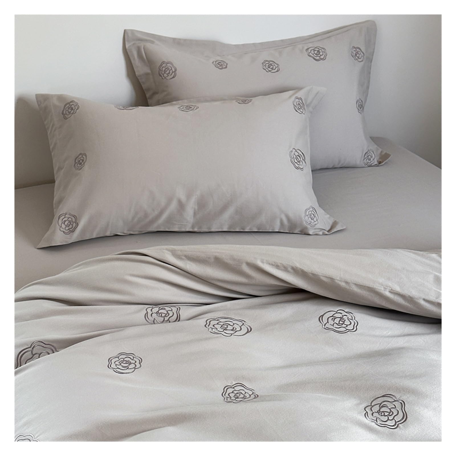 S5b8W3g7 Bedding set Soft Cotton Duvet Cover Set, Camellia Embroidery, Modern Reversible Bedding Home Textile
