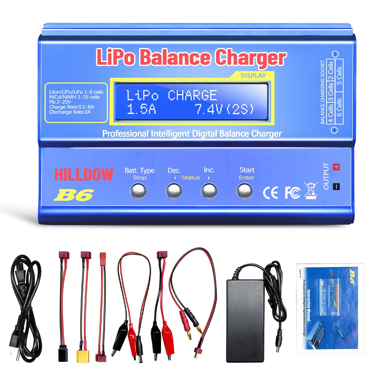 B6 Battery Charger 80W Mini Lipo Balance Charger/Discharger with Power Supply for LiPo/Li-ion/Life Battery(1-6s) NiMH/NiCd (1-15s) RC Car Charger XT60