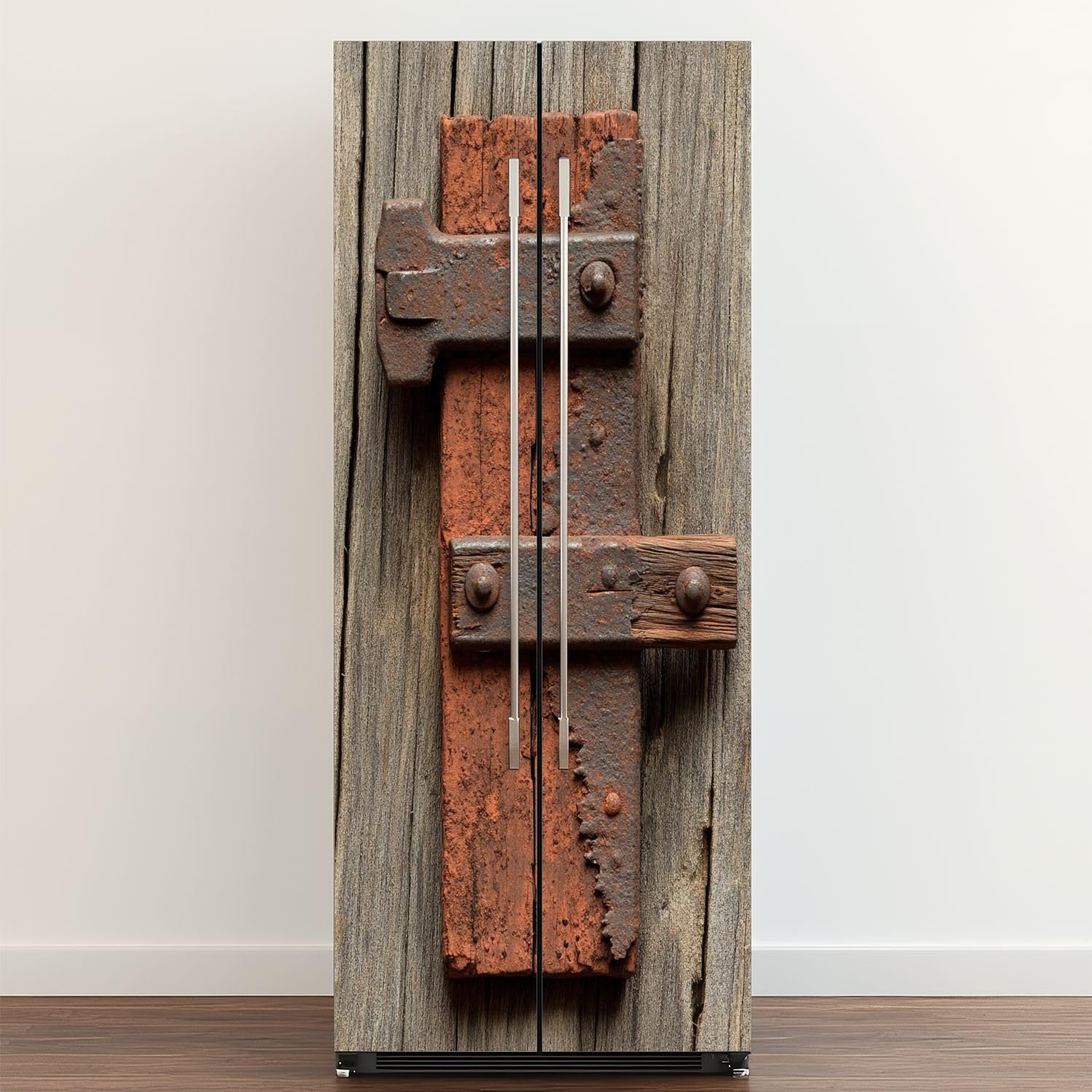 Self Adhesive Vinyl Refrigerator Wrap Old Planks Rivets Rusty Iron Vintage Wooden Door Rustic Kitchen Decor Door Mural Sticker Peel and Stick Removable Door Cover Fridge Wrap Decal for Kitchen Decor