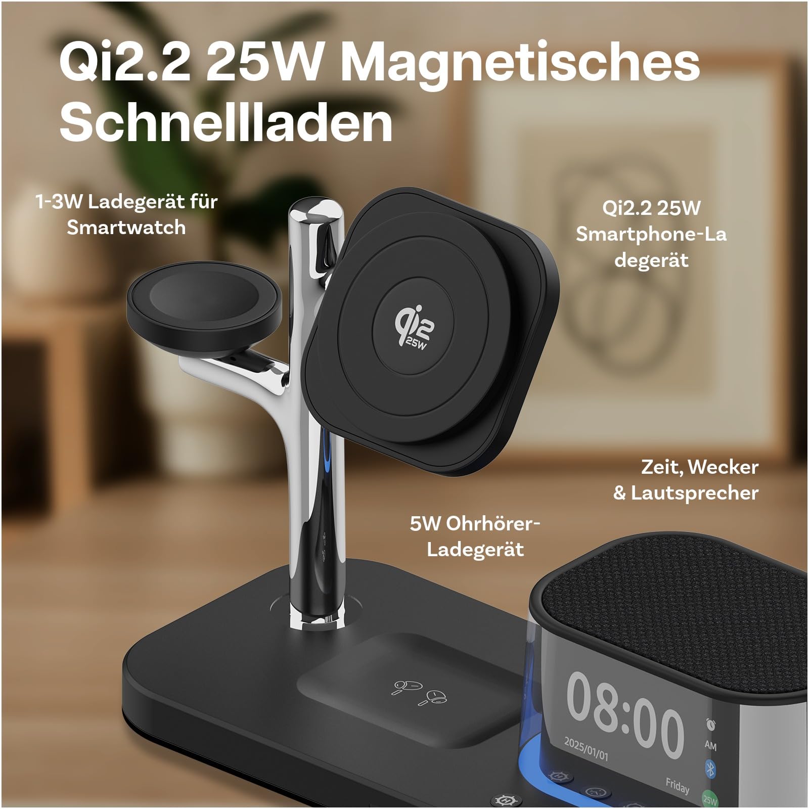 Kabellose Ladestation 5-in-1 mit Wecker, Bluetooth-Lautsprecher & LED-Nachtlicht für MagSafe von MMOBIEL – 25W Qi2.2 Magnetisches Kabellose Ladegerät für iPhone, Apple Watch & AirPods – Schwarz