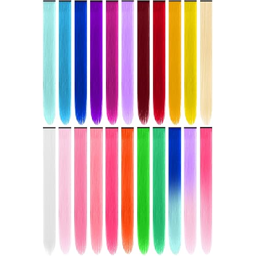 22 Pcs Colored Hair Extensions, Multi-colors Party Highlights Clip in Synthetic Hair Extensions 22 inch Rainbow Hairpieces for Girls Women Cosplay Party Favor Gift(Colorful Set)