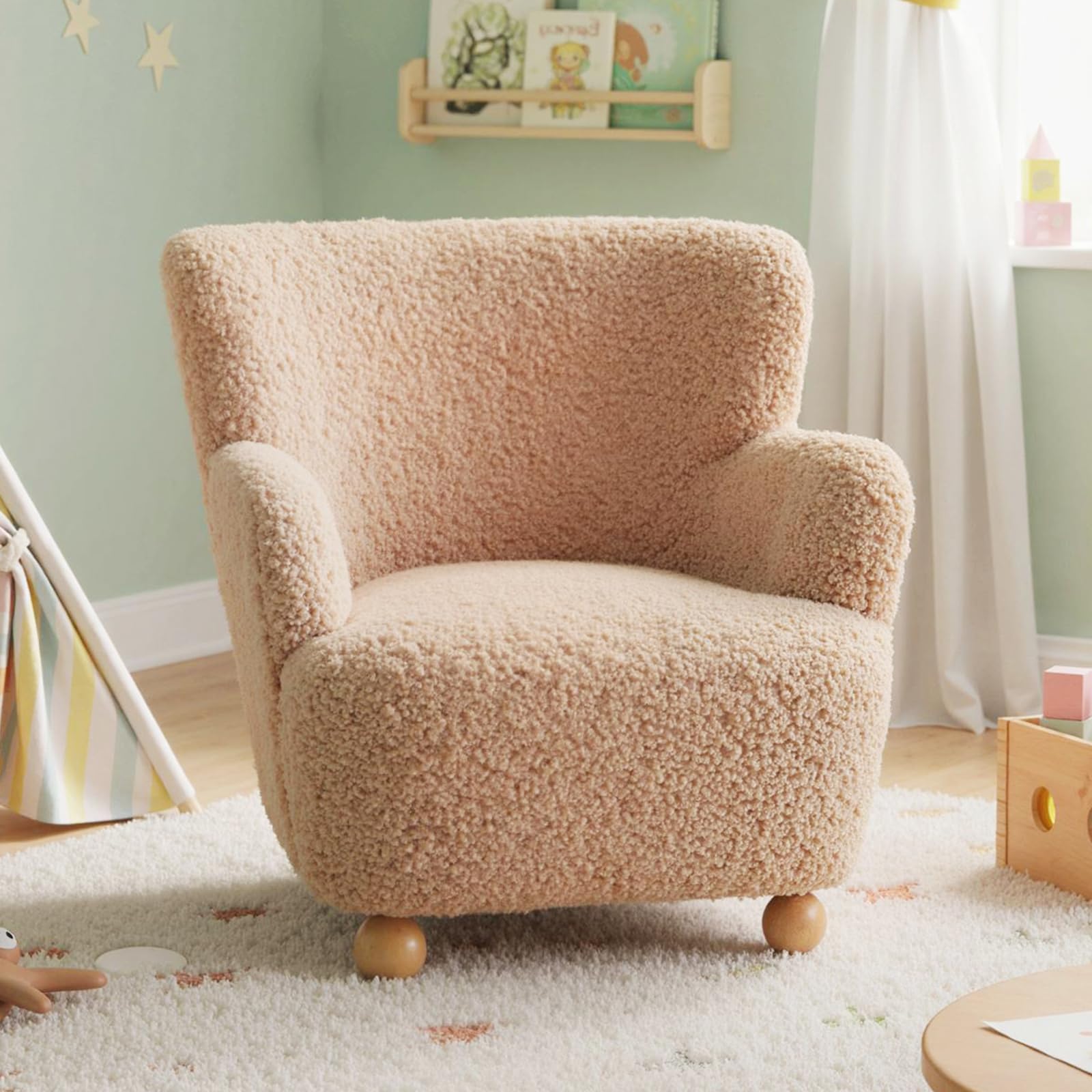 KOTEK Comfy Toddler Chair, Sherpa Kids Armchair with Rubber Wood Legs, Children Reading Chair for Boys &amp; Girls, Upholstered Kids Sofa for Playroom Bedroom Nursery (Pink)