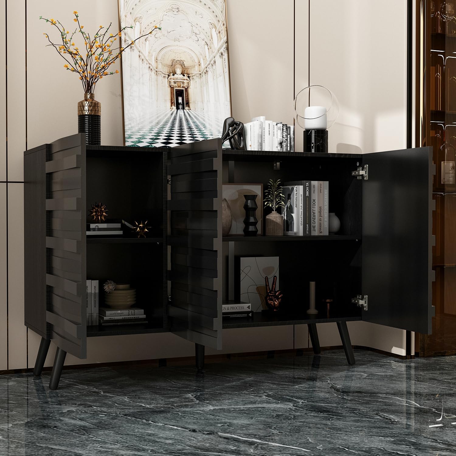 AIEGLE 47.2“W Buffet Cabinet Sideboard with 2 Adjustable Shelves, Modern Credenza Cupboard with 3 Stylish Doors, Wood Storage Cabinet, Black