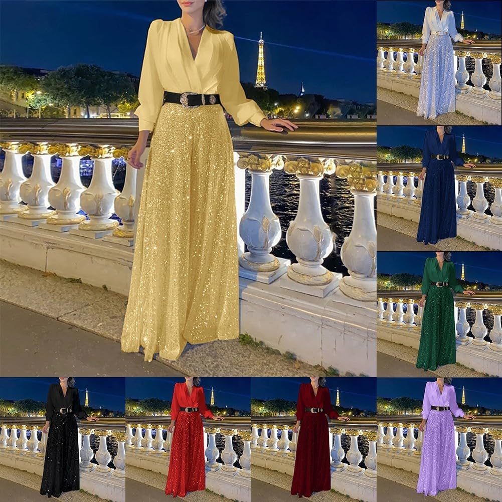 ZYWUOY Combinaison à paillettes pour femme avec col en V ample pour soirée élégante