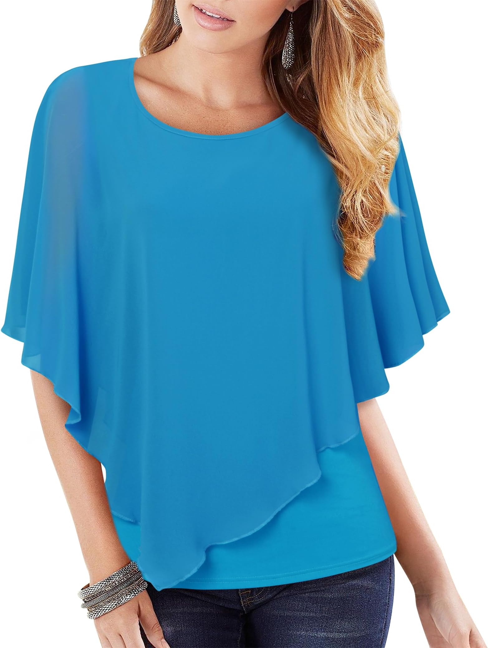 LotusmileWomen's Lightweight Flowy Shirt Double-Layered Printed Chiffon Poncho Blouse Top