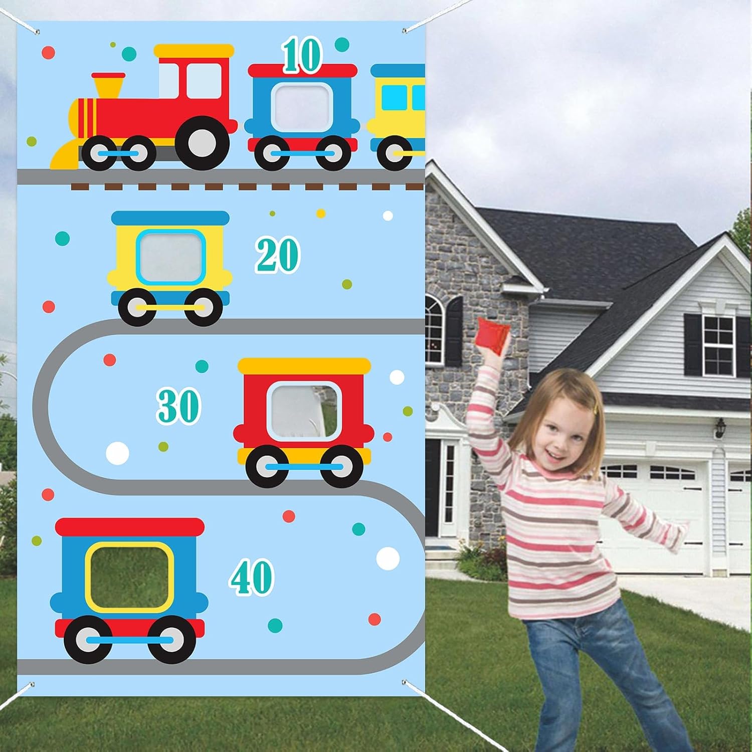 Steam Train Choo Two Toss Games Banner Backdrop Background Railroad Railway Transportation Rhyming Story Theme Decorations Decor for Indoor Outdoor Birthday Party Supplies