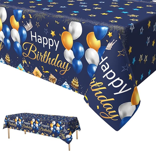 Blue Gold Party Tablecloth,Xinvery Happy Birthday TableCloth Balloons Star Table Covers Plastic Rectangular Tablecloths for Boys Men Birthday Baby Shower 137 x 274cm