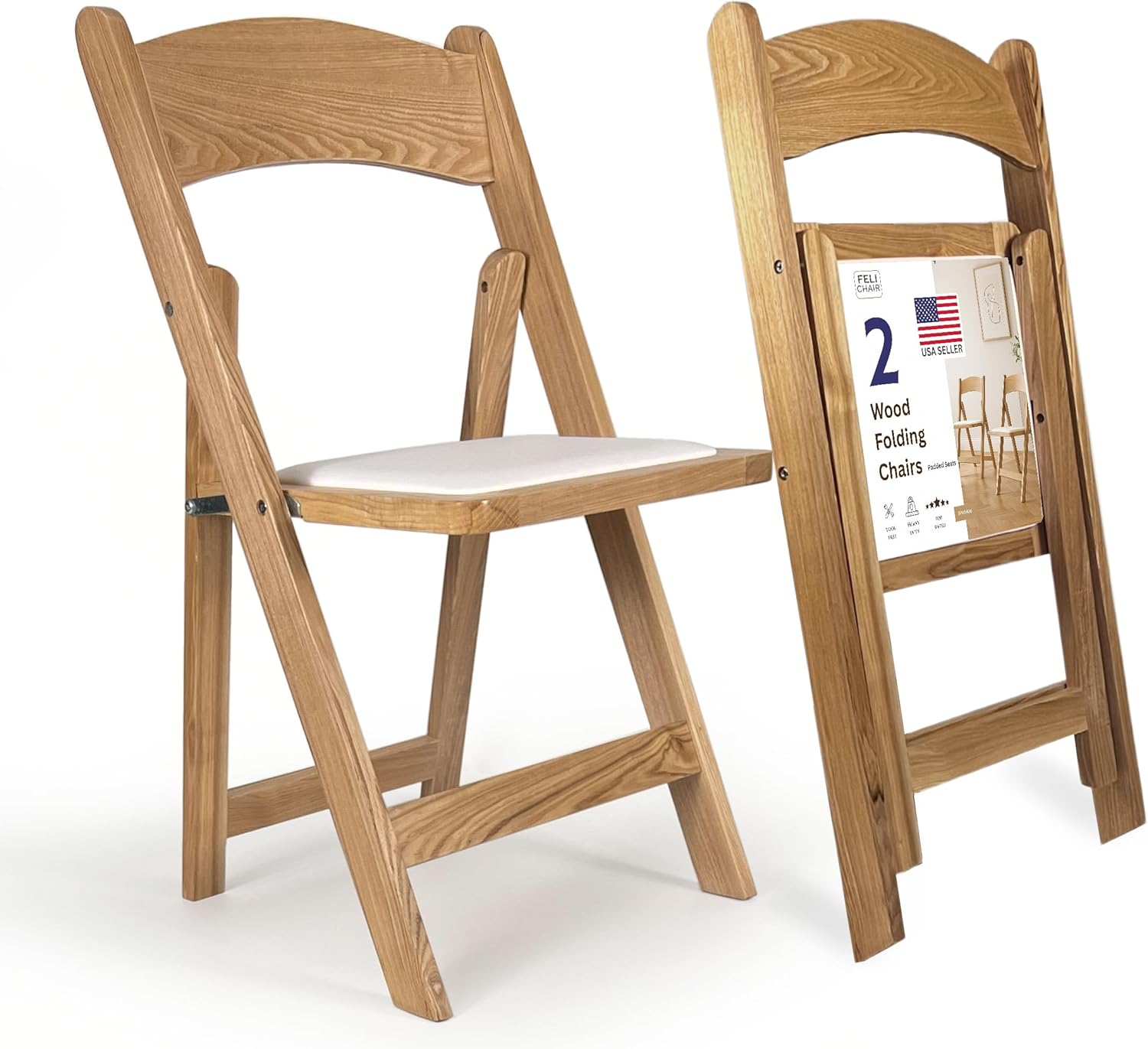 Wooden Folding Chair with Padded Seat, Stackable Durable Foldable Commercial Chairs for Weddings, Banquets, Events, Party and Home Gathering, Set of 2, Classic Natural