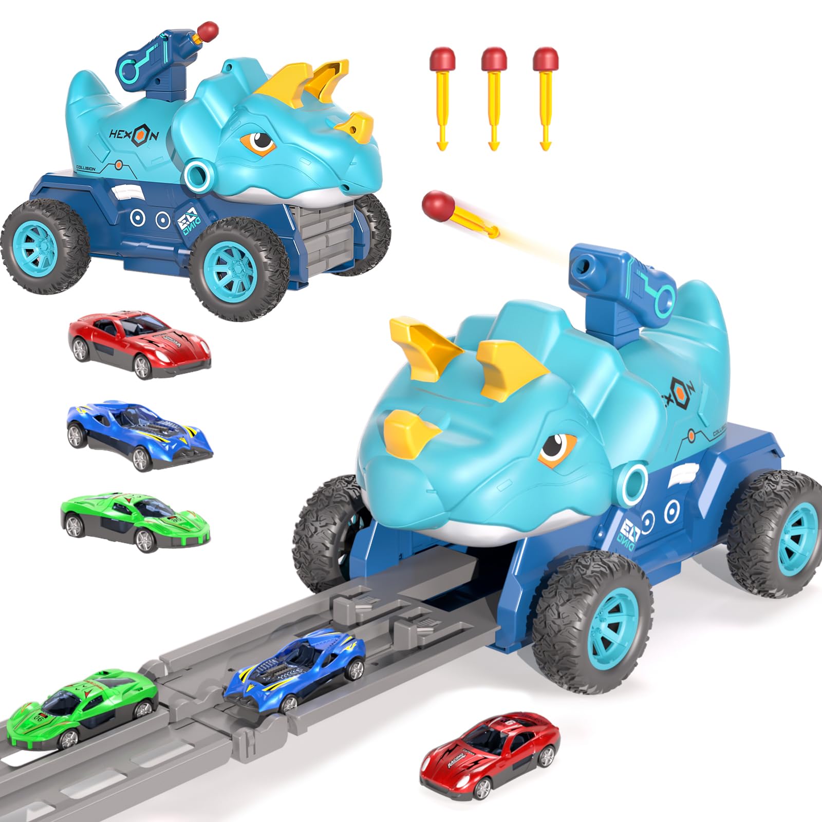 Doloowee Dinosaur Track Car, Toy Car with Inertia Force, Car Race Track Set Gift for Boys Aged 3-5 Years, Blue