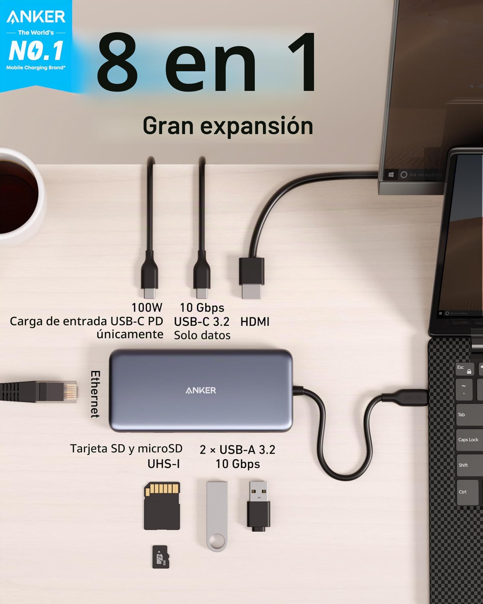 Anker 555 USB-C Hub (8 en 1) PowerExpand Adapter, 100W Power Delivery, 4K 60Hz HDMI, 10Gbps USB-C & 2 Puertos USB-A,Puerto Ethernet, Lector de Tarjetas Memoria microSD&SD, para MacBook Pro y más