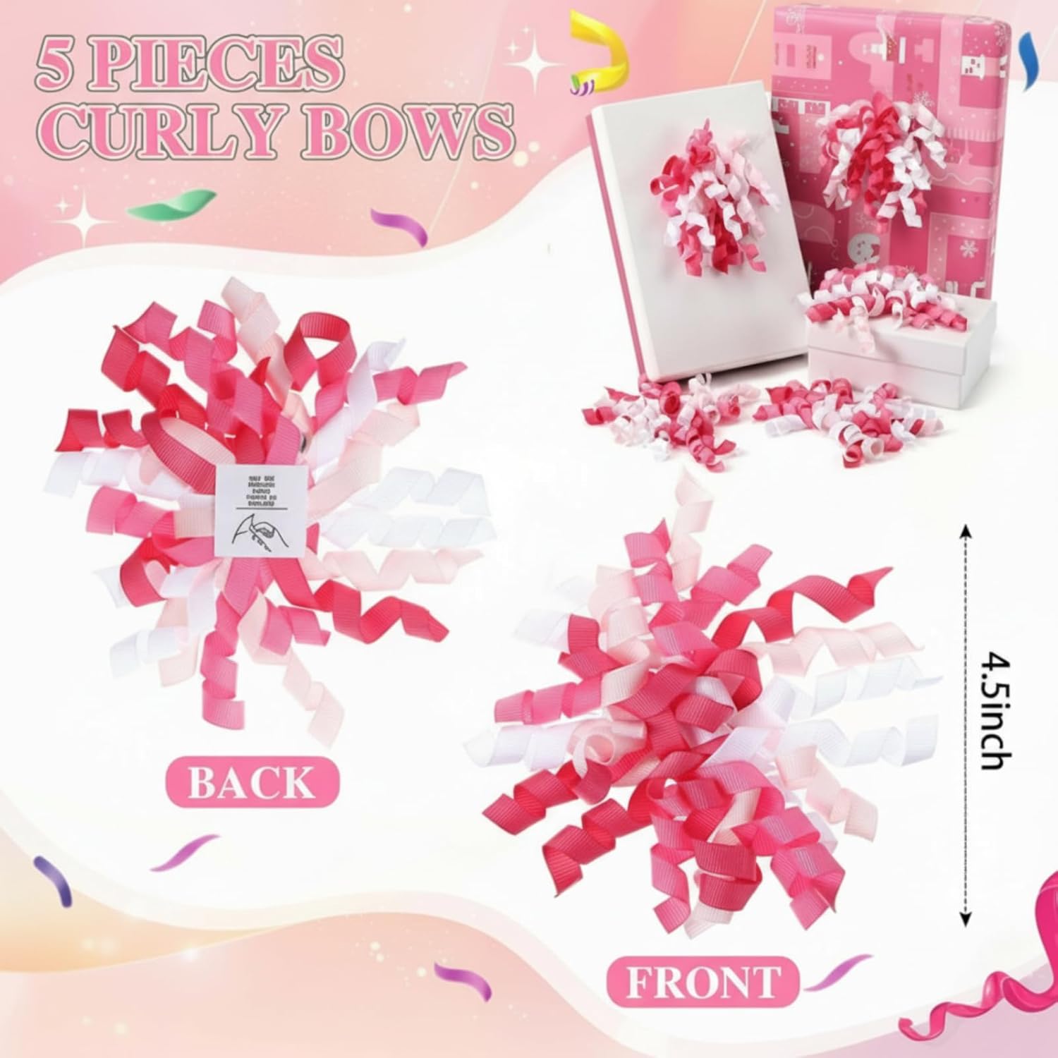 LOYIM 10 Pcs Pink and White Bows for Gift Wrapping Tree Assortment Pull Curly Gift Bows Self Adhesive Large Organza Ribbon for Birthday Wedding Bridal Shower Present Wrapping Bag Basket Decoration - Image 2