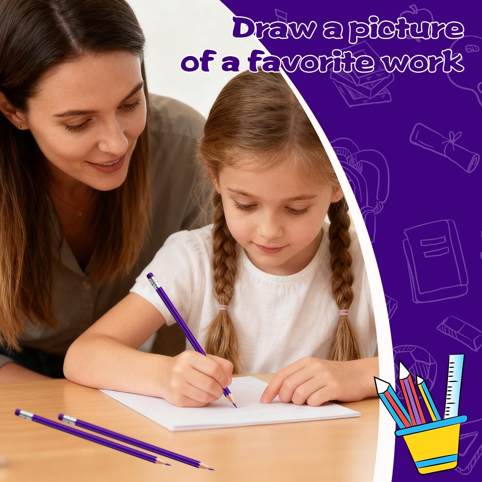 Lot de 12 crayons de couleur effaçables avec gomme pré-taillée 2 HB pour vérification, évaluation, tests et fournitures de bureau/scolaire (violet)