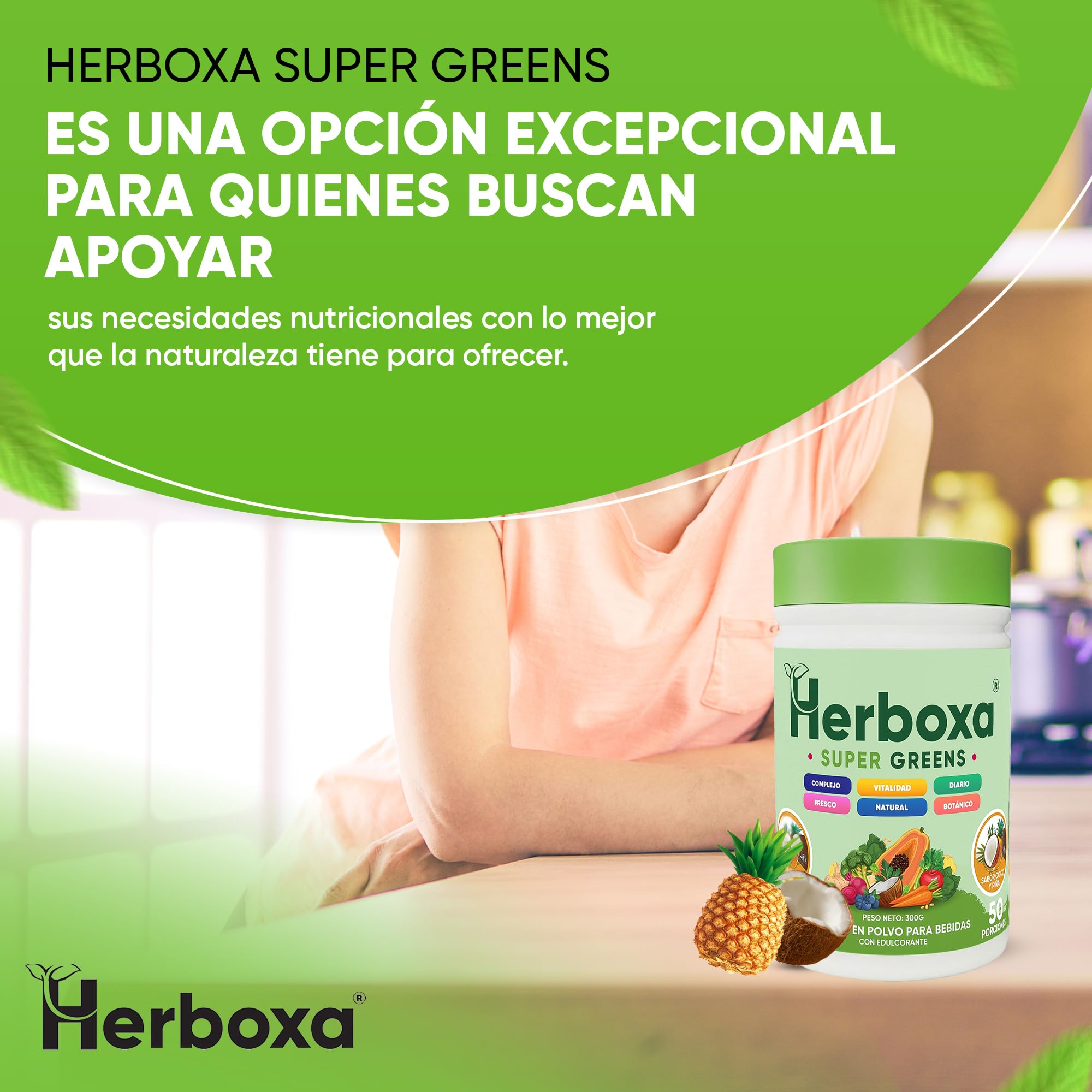 Herboxa Super Greens Polvo con Más de 30 Superalimentos Verdes, con Probióticos y Enzimas, Sabor coco piña, Complemento Alimenticio, 50 Porciones