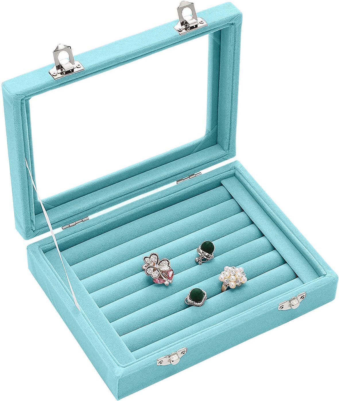 Basuwell Earring Storage 7 Slots Velvet Jewelry Tray for Drawers Glass Clear Lid Showcase Display Ring Organizer Earring Ring Trays Holder Cufflink Showcase (Light Blue)