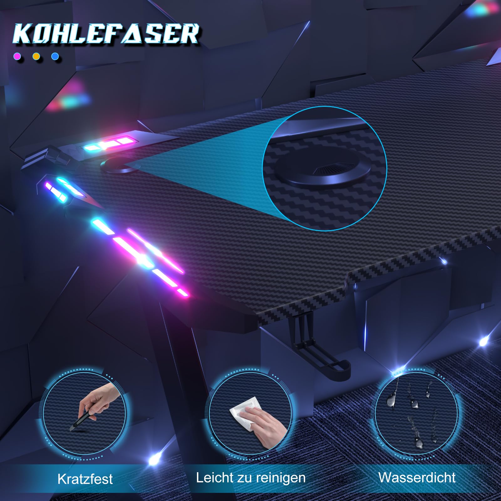 JUMMICO Gaming Tisch mit LED-Beleuchtung, RGB Gaming Tisch, Stabiler Computertisch für Homeoffice und Gamer,Gaming Schreibtisch mit Kopfhörerhalterung und Getränkehalter, 120 x 60 cm, Schwarz