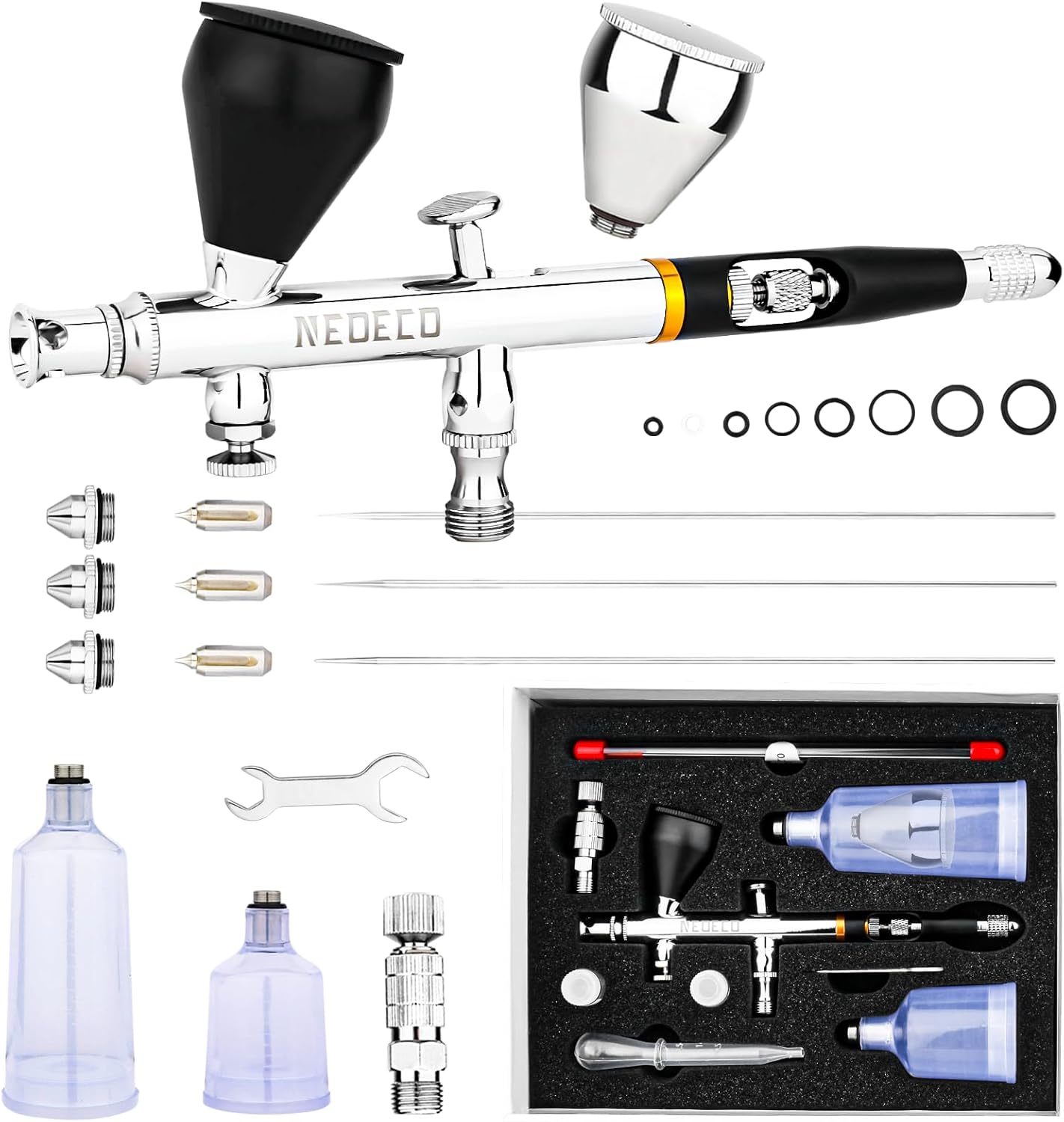NEOECO SJ83 Airbrush, Self-Centring Plug-in Nozzle，0.2, 0.3 & 0.5mm Nozzle Sets and 1/3 oz Cup, Dual-Action Gravity Feed Airbrush with 1/3 oz,2/3 oz,4/3 oz Replacement Cups (Black)
