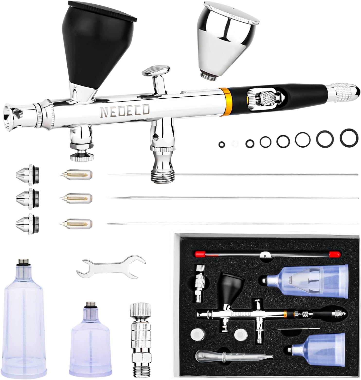 SJ83 Airbrush, Self-Centring Plug-in Nozzle, 0.2, 0.3 & 0.5mm Nozzle Sets and oz Cup, Dual-Action Gravity Feed Airbrush with 2/3 oz and 4/3 oz Replacement Cups (Black)