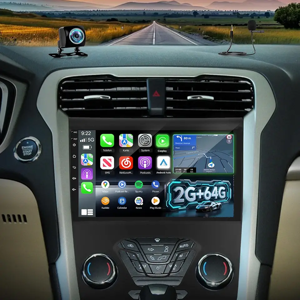 Rádio automotivo para Ford Fusion Mondeo 2013-2019, tela sensível ao toque Android de 9 polegadas estéreo com Carplay/Android Auto, navegação GPS, mapa offline, WiFi, Bluetooth, SWC, FM/RDS