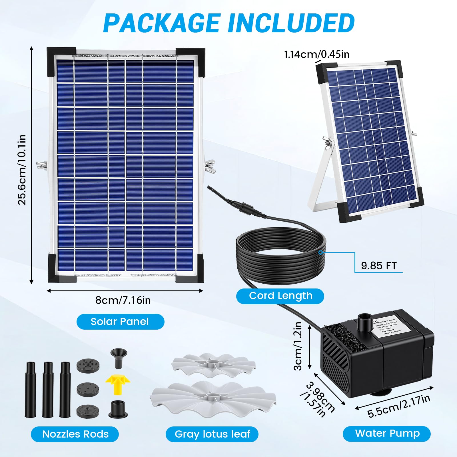 Fontana Solare, con Batteria 1500mAh e 9 Ugelli, Pompa Solare per Fontana 250L/h Altezza Getto 90cm, Pannello 10W, Kit Solare per Laghetto da Giardino, Piscina, Acquario, Bagno Uccelli, Uccelliere