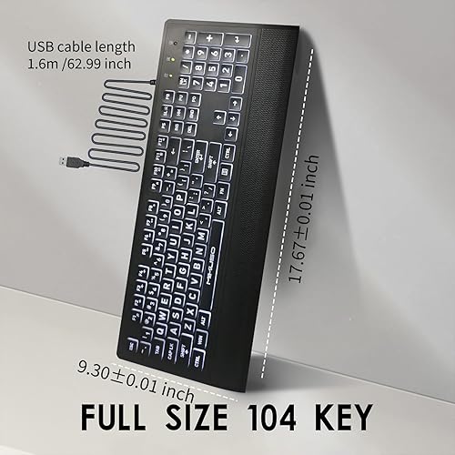 Miniatura 7 de Teclado de impresión grande para personas mayores, teclas negras de alto contraste, retroiluminación blanca con cubierta, USB 104 con cable, tamaño