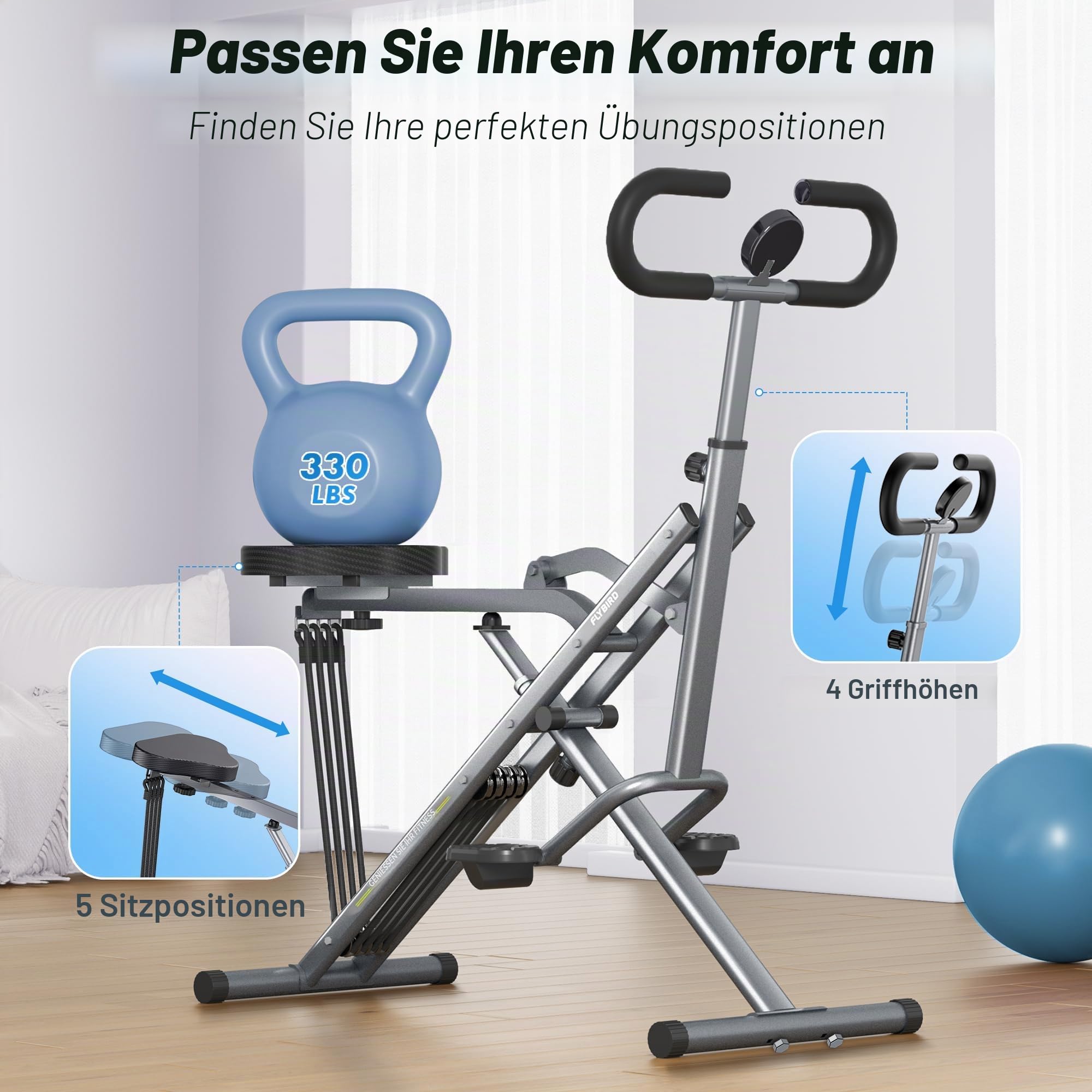 FLYBIRD Kniebeugenmaschine, Ruderfahrrad für Gesäß, Kern,Beine & Ausdauertraining,4 verstellbare Widerstandsstufen, klappbar&einfach aufgebaut,Ganzkörpertraining Heimtrainer,Belastbarkeit 158 kg,Grau