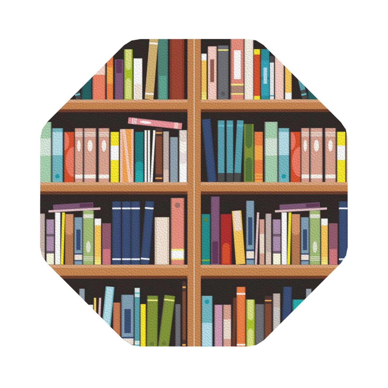Library Bookshelf PU Leather Coasters Set of 6 Octagon Drink Coasters