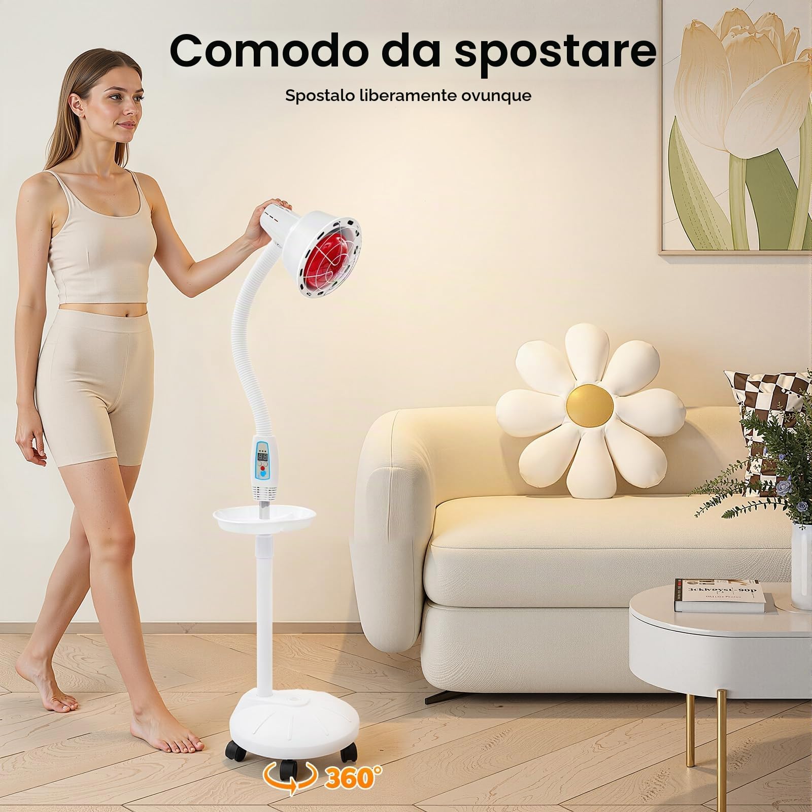 Lampada a Infrarossi 275W, Piantana con Luce Rossa Regolabile in Altezza e Temperatura 8-70°C Base 30cm per Terapia Muscolare