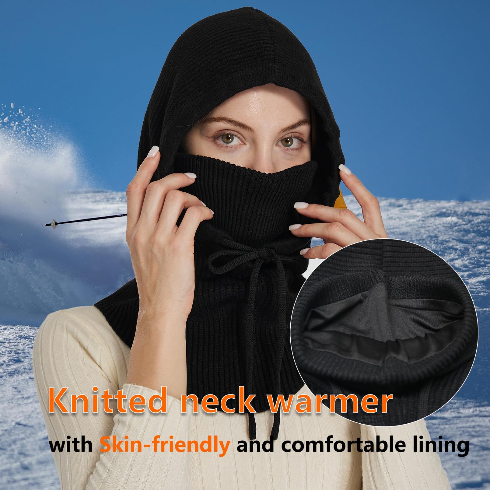 Facecozy Sturmhaube aus Strick für Damen Herren Wintermütze mit Gesichtsmaske Atmungsabweisende Ski-Maske Halstuch Mütze Damen Winter (Schwarz)