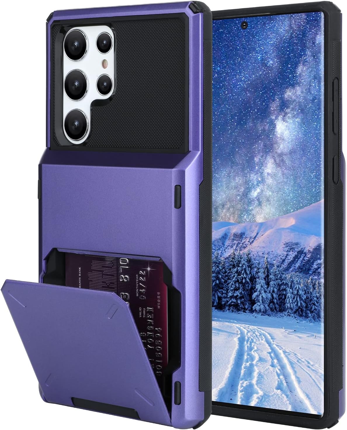 Wallet Case for Samsung Galaxy S22 Ultra Case with 4-Card Credit Card Holder Slot Shockproof Cover Hybrid Heavy Duty Protection Armor Phone Case Compatible with Galaxy S22 Ultra 5G-Purple
