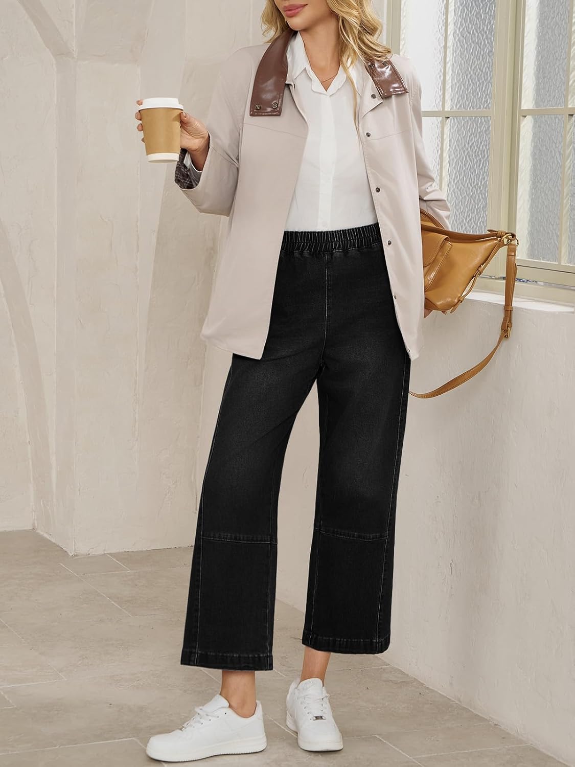 Cicy Bell Womens Baggy Cropped Jeans Elastic High Waisted Wide Leg Trendy Stretchy Seam Barrel Capri Denim Pants - Image 4