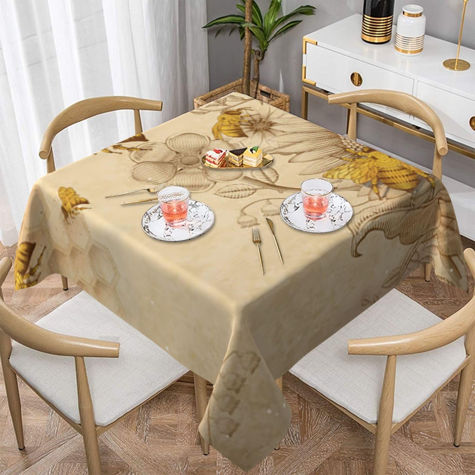 DCEHGEW Rural Honey Bees Wildflowers Prints Square Tablecloth 137x137 CM, Waterproof Fabric Table Cloth for Dining Table, Farmhouse Table Cover for Kitchen Dining Tabletop Decoration