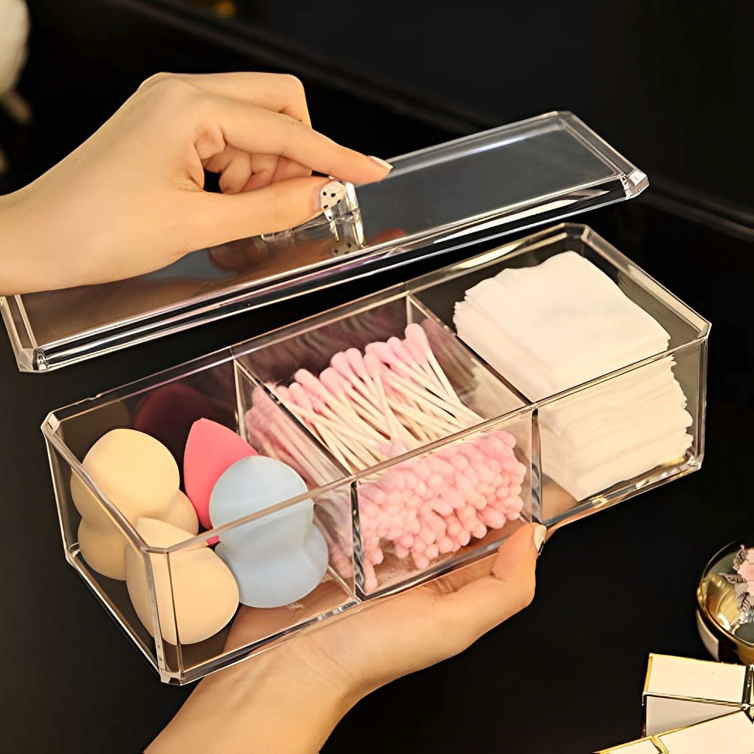 Sooyee Qtip Holder Rectangle Cotton Ball and Swab Holder Organizer with Lid, Dustproof,Waterproof,Clear Acrylic 3 Compartment Cotton Pad Container for Cotton Swabs, Make Up Pads, Cosmetics