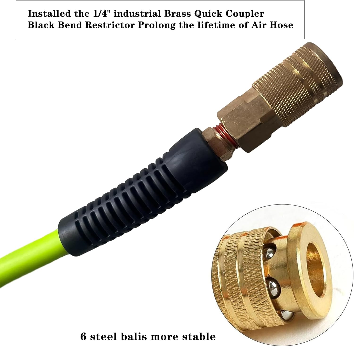 Air Hose 3/8 in x 50 ft, Heavy Duty, Lightweight, Kink Resistant, Hybrid Air Compressor Hose with 1/4 in Solid Brass Male Fittings, Bend Restrictors, 300 PSI (50FT, Green Black)