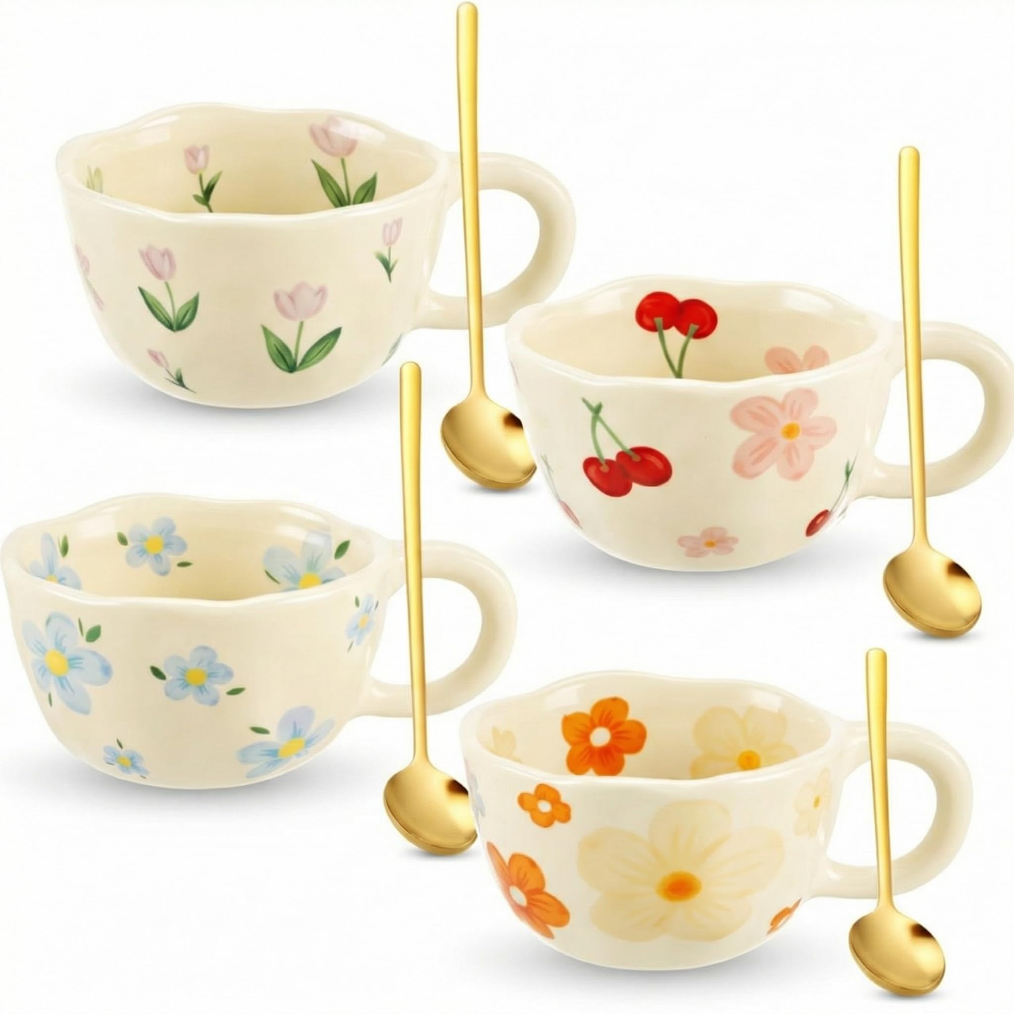 Vesici 4 Styles Cute Ceramic Flower Coffee Mug Set 8.5 oz Valentine's Day Vintage Aesthetic Floral Tea Coffee Cup with Handle Dishwasher Microwave Safe for Woman Girls Gifts